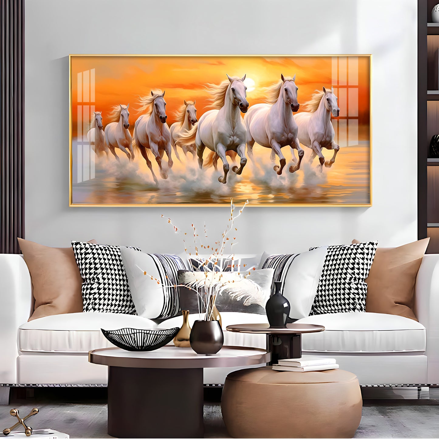 Seven White Running Horses With Sunrise Premium Acrylic Horizontal Wall Art