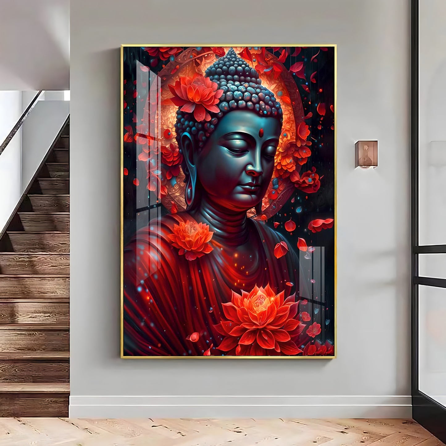 Red Buddha With Lotus Premium Acrylic Vertical Wall Art