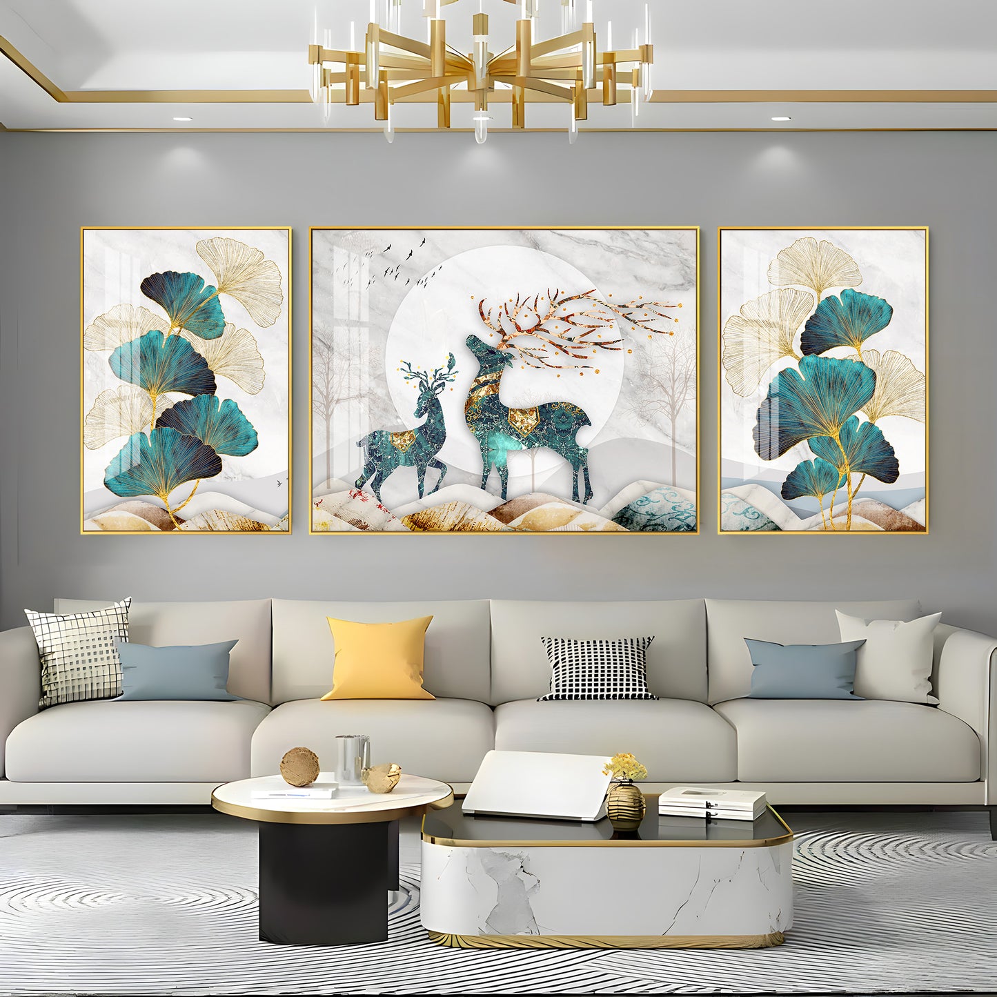 Rare Deer With Ginkgo Leaf Premium Acrylic Wall Art (Set of 3)