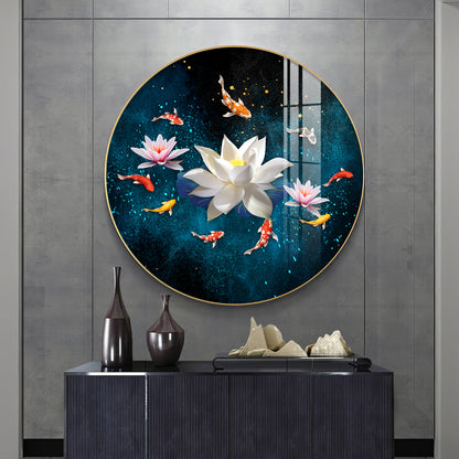 Lotus and Fish Premium Acrylic Round Wall Art