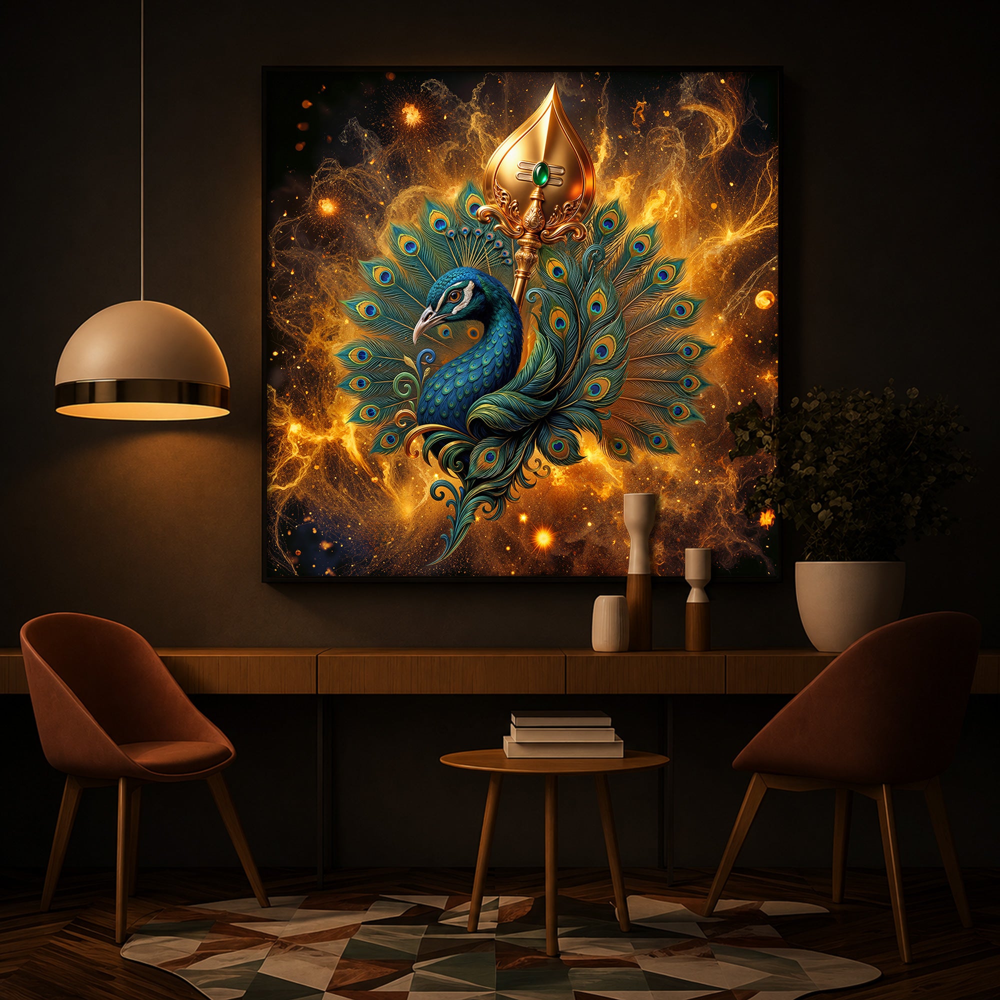 Lord Murugan’s Majestic Peacock Modern Luxury Backlight Square Wall Art