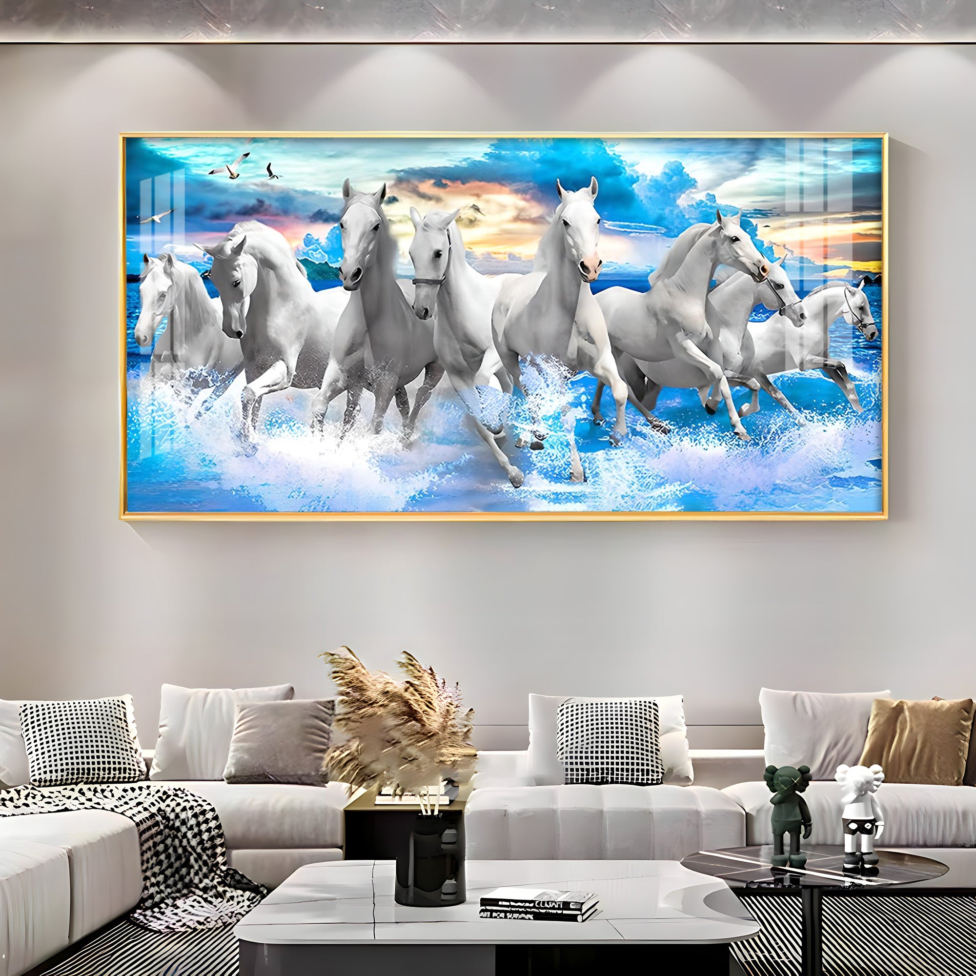 Vastu Running Horses With Sunrise Premium Acrylic Horizontal Wall Art