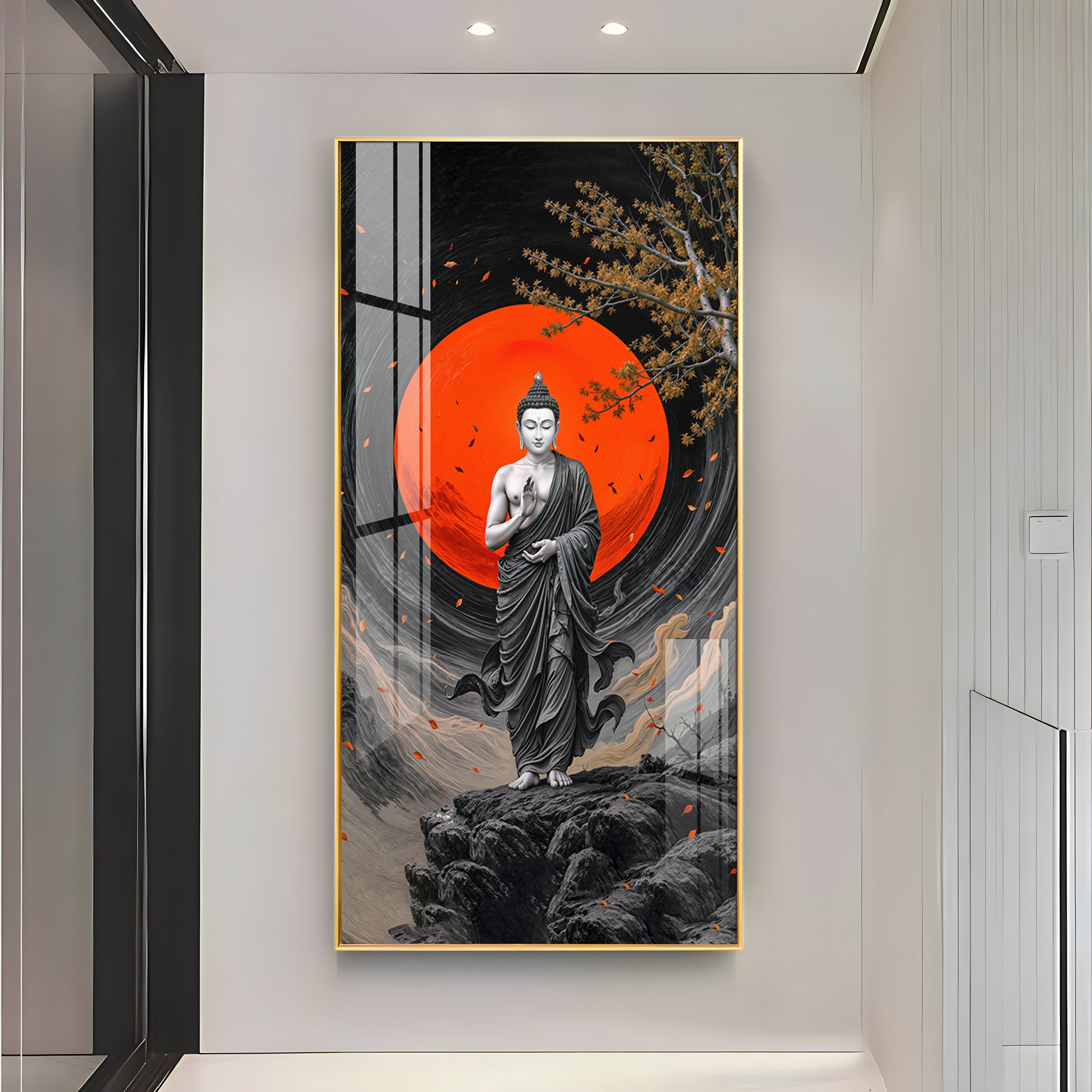 Namo Buddhay Modern Luxury Backlight Vertical Wall Art
