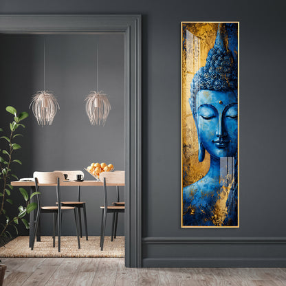 Blue and Gold Meditating Buddha Premium Acrylic Vertical Wall Art