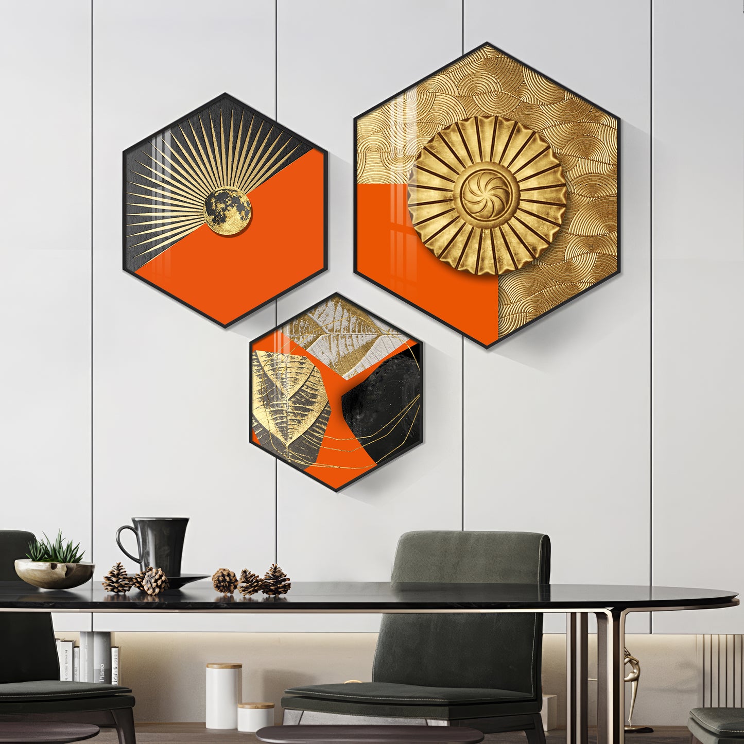 Gold & Orange Accents Premium Acrylic Hexagon Wall Art (Set of 3)