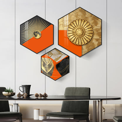 Gold & Orange Accents Premium Acrylic Hexagon Wall Art (Set of 3)