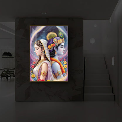Lord Sri Radhe Krishna Modern Luxury Backlight Vertical Wall Art