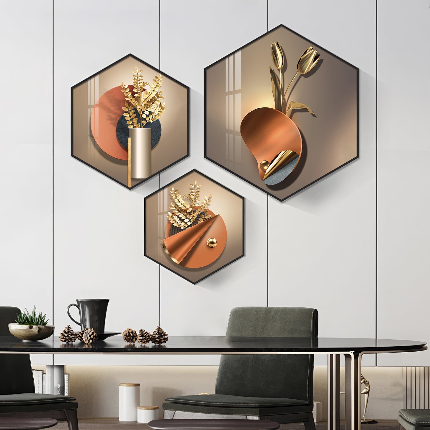 3D Petal Abstract Premium Acrylic Hexagon Wall Art (Set of 3)