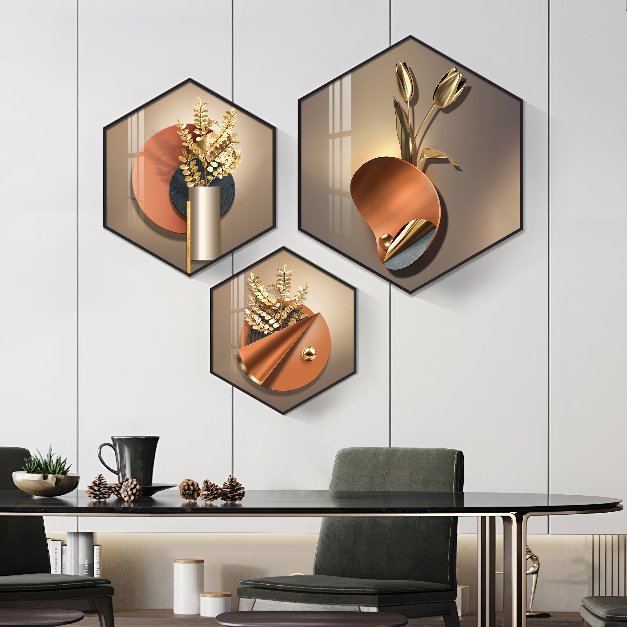 3D Petal Abstract Premium Acrylic Hexagon Wall Art (Set of 3)