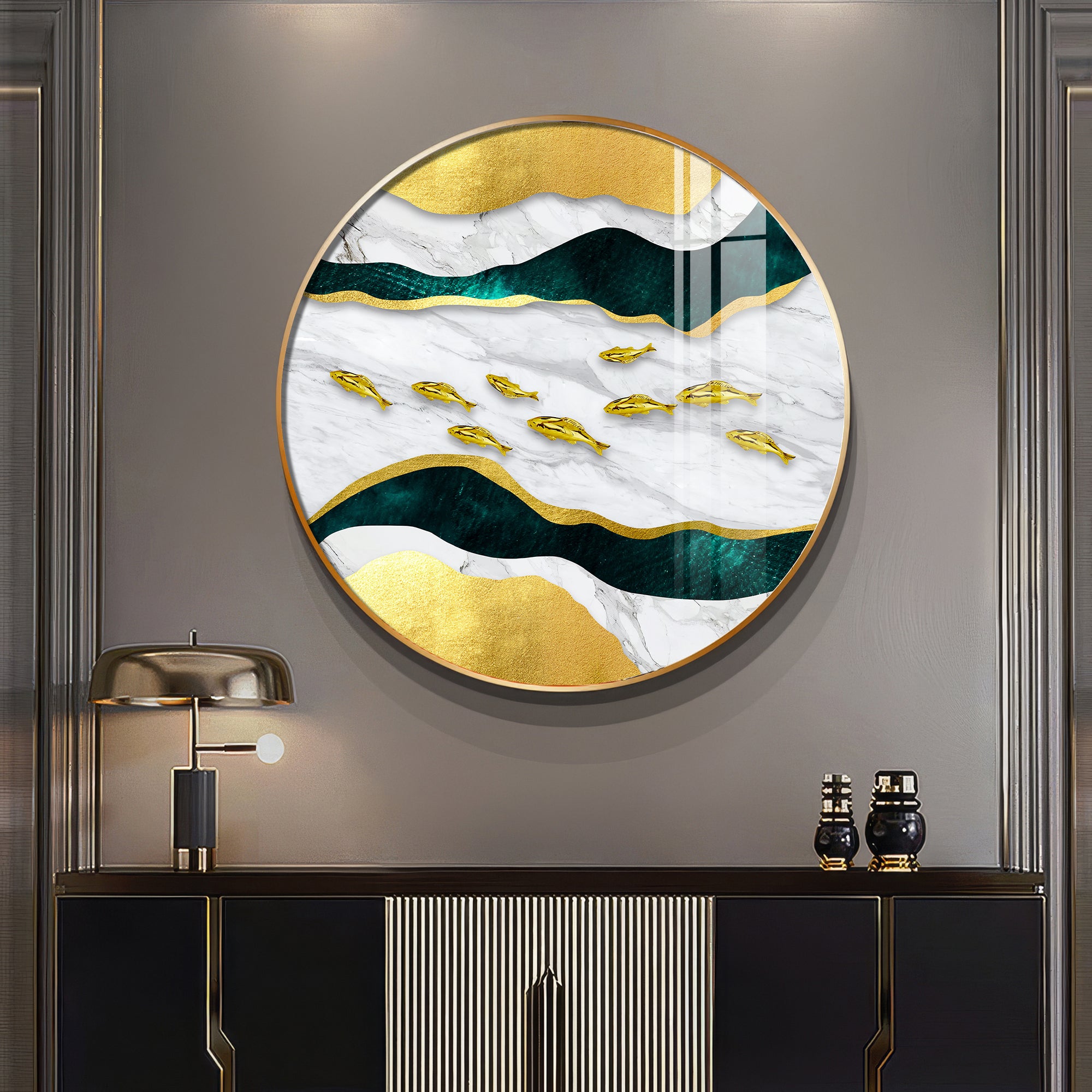 Noir & Gold Fish Premium Acrylic Round Wall Art
