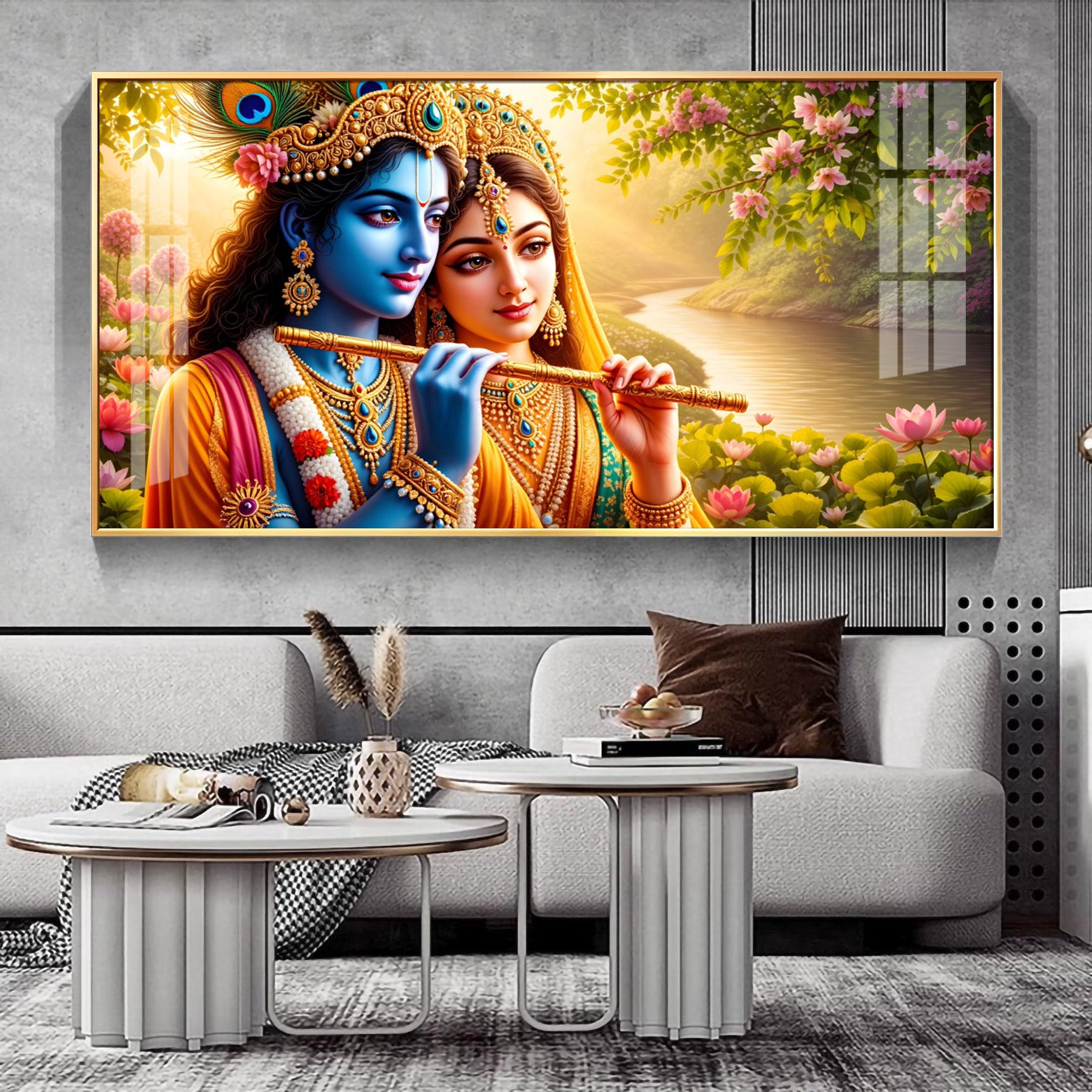 Radha Krishna Playing Flute Premium Acrylic Horizontal Wall Art