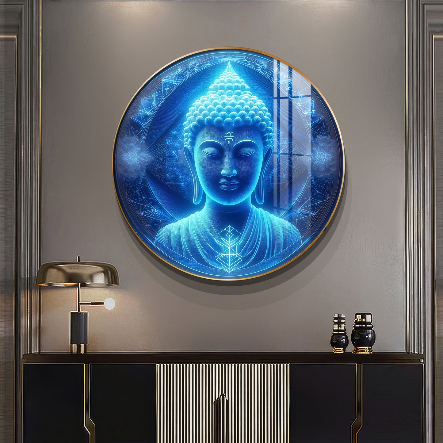 Sacred Buddha In Blue Premium Acrylic Round Wall Art