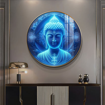 Sacred Buddha In Blue Premium Acrylic Round Wall Art