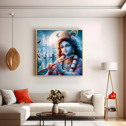 Bal Krishna With Flute Premium Acrylic Square Wall Art