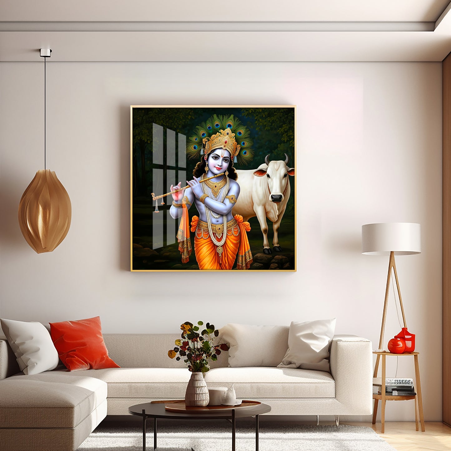 Krishna With The Cow Premium Acrylic Square Wall Art