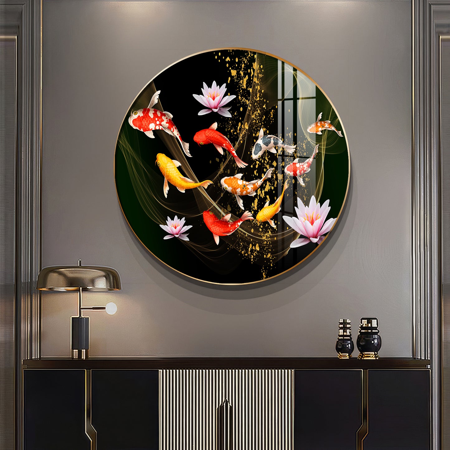 Colorful Koi In Motion Premium Acrylic Round Wall Art