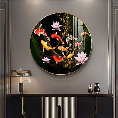 Colorful Koi In Motion Premium Acrylic Round Wall Art
