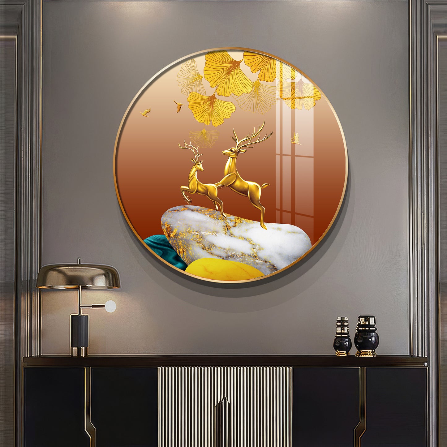 Golden Deer Duo Premium Acrylic Round Wall Art