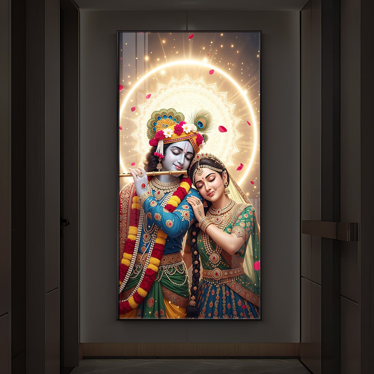 Couple Radhe Krishna Modern Luxury Backlight Vertical Wall Art