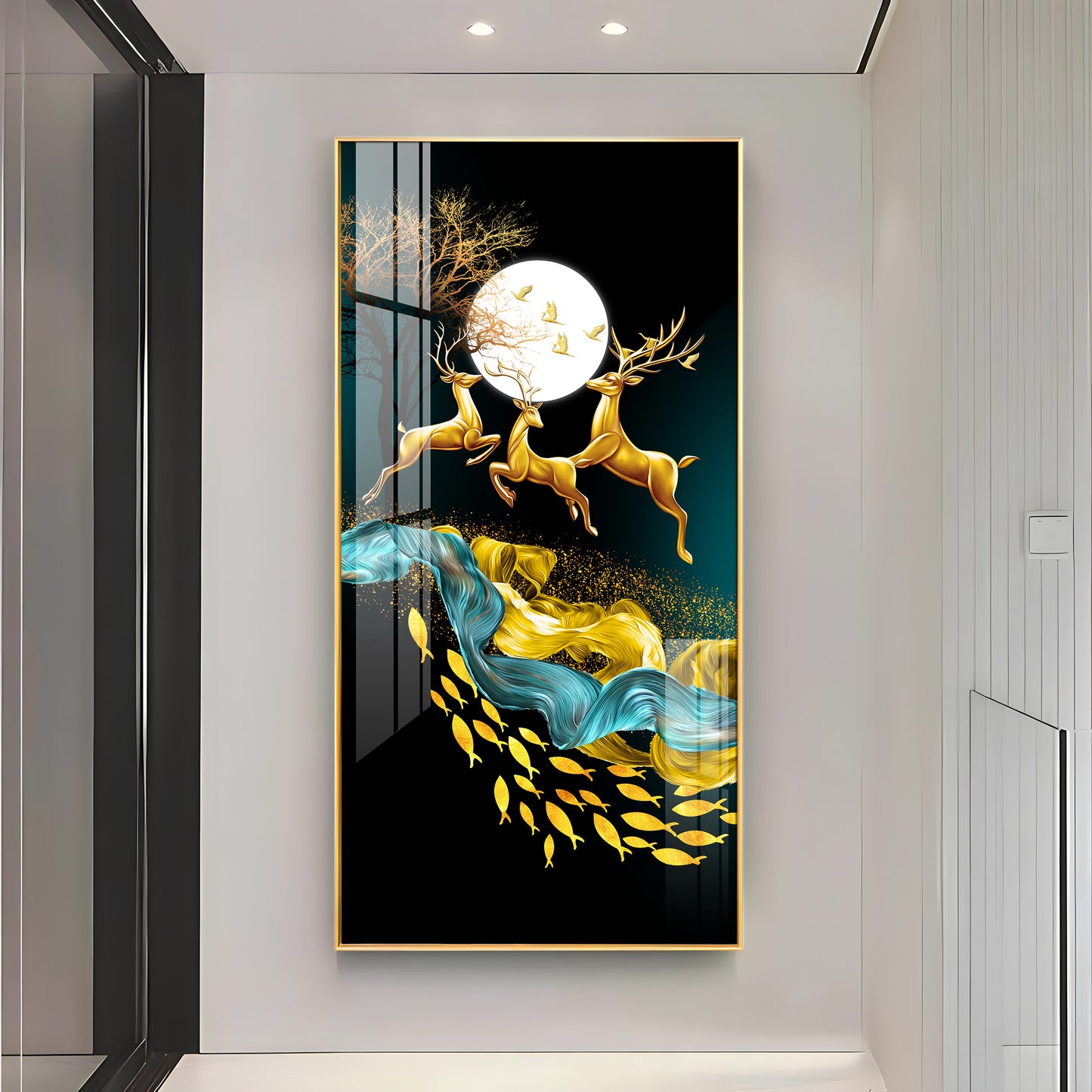 Jolly Deers With Koi Fish Premium Acrylic Vertical Wall Art