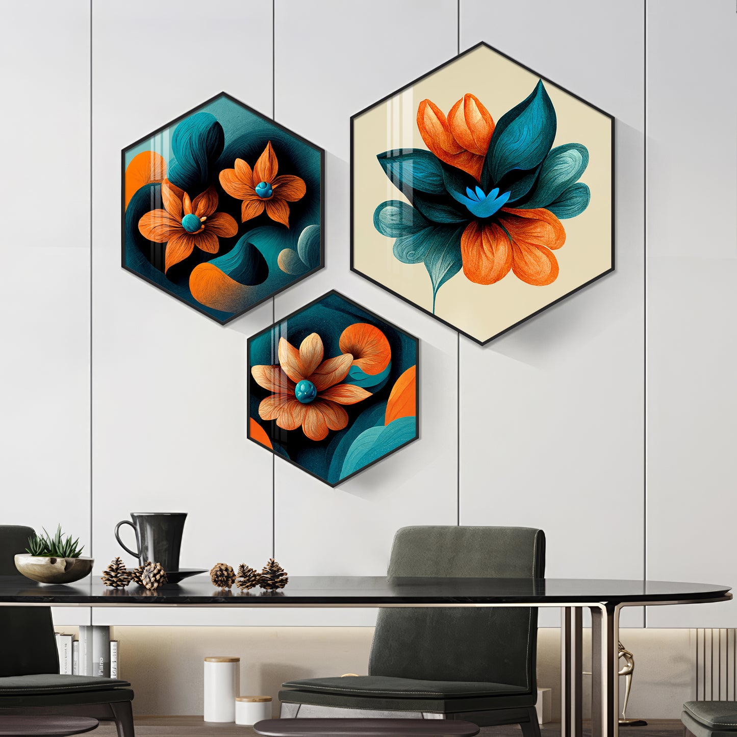 Colorful Flower Premium Acrylic Hexagon Wall Art (Set of 3)