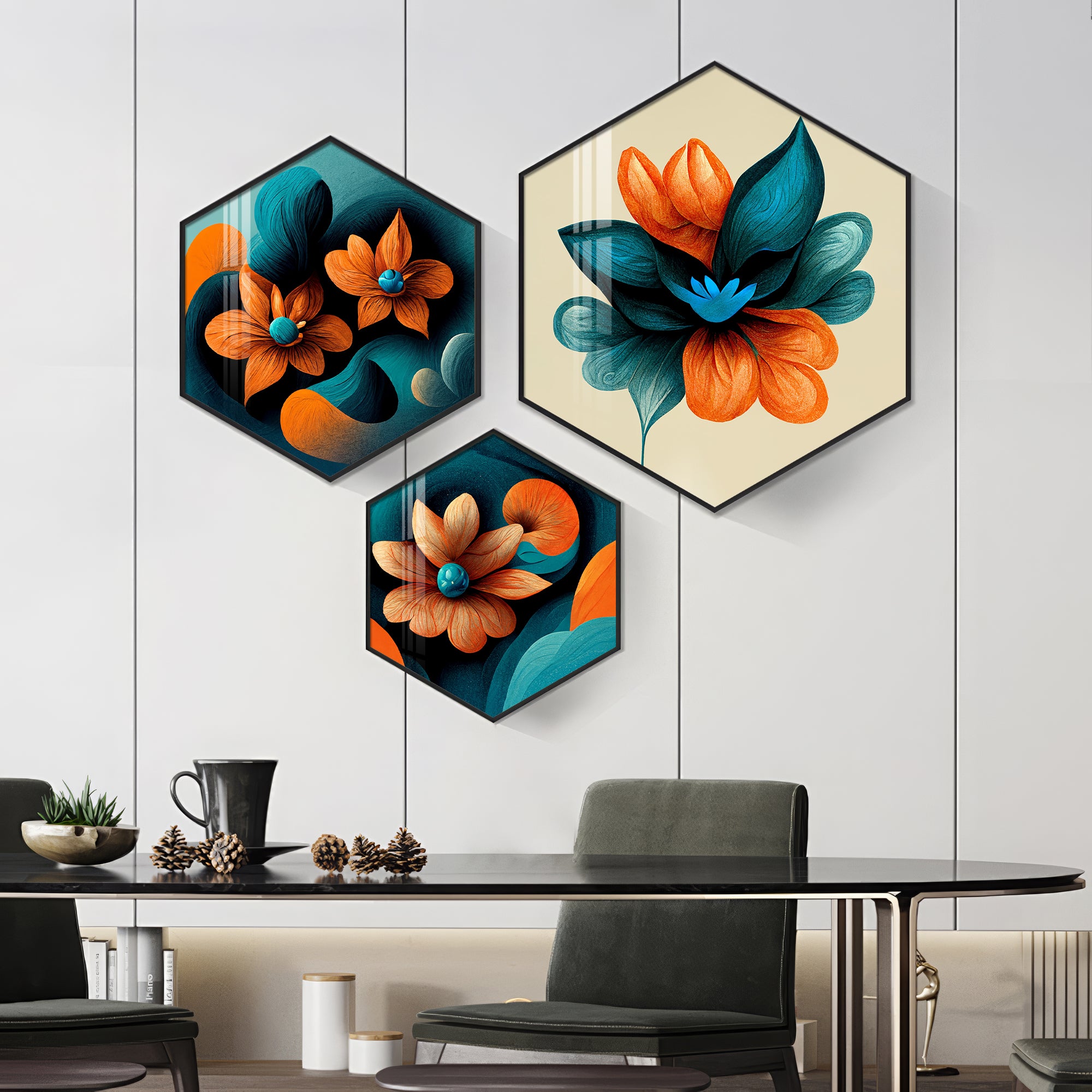 Colorful Flower Premium Acrylic Hexagon Wall Art (Set of 3)