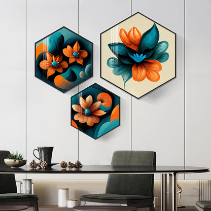 Colorful Flower Premium Acrylic Hexagon Wall Art (Set of 3)