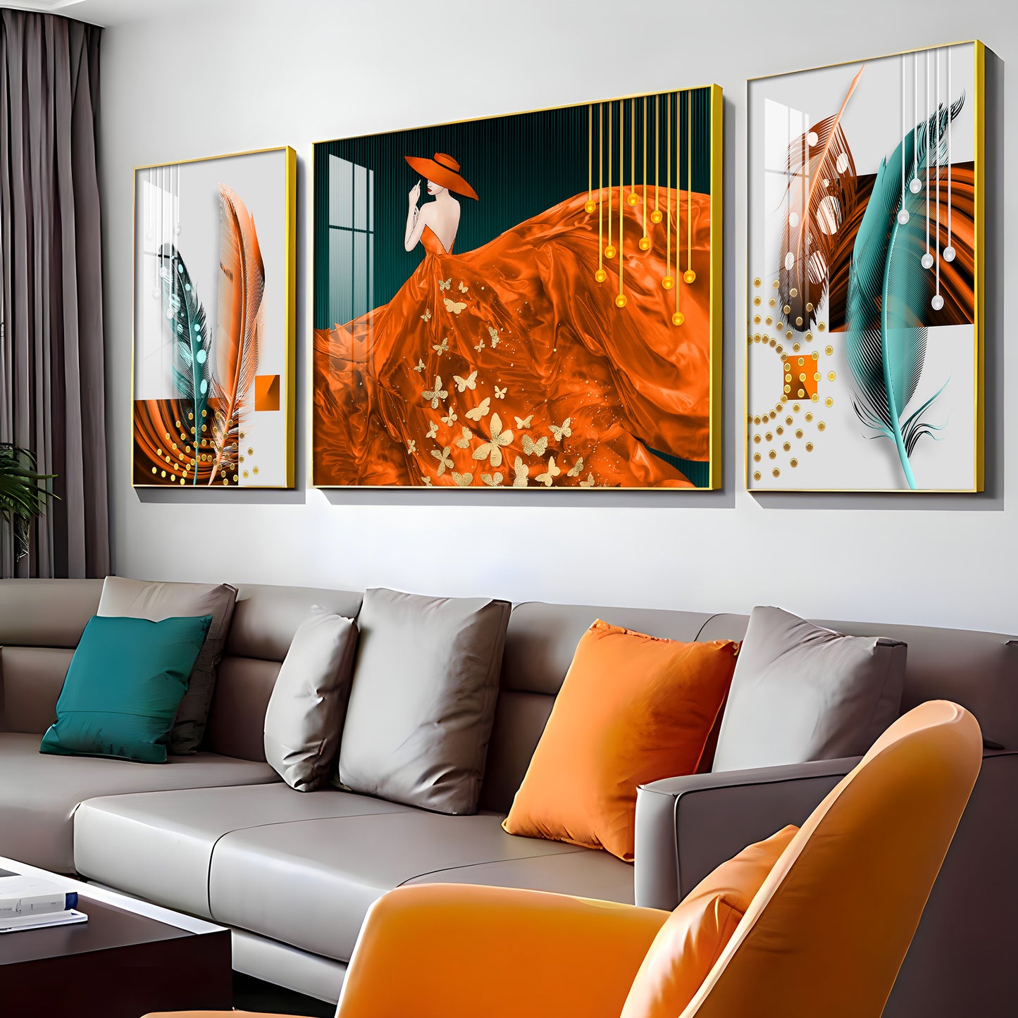 Women In Beautiful Orange Outfit Premium Acrylic Wall Art (Set of 3)