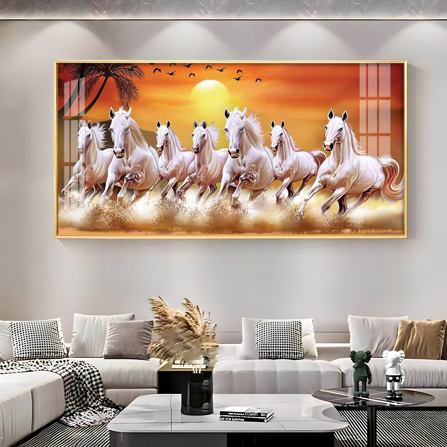 7 White Running Horses in The Sea With Sunrise Premium Acrylic Horizontal Wall Art