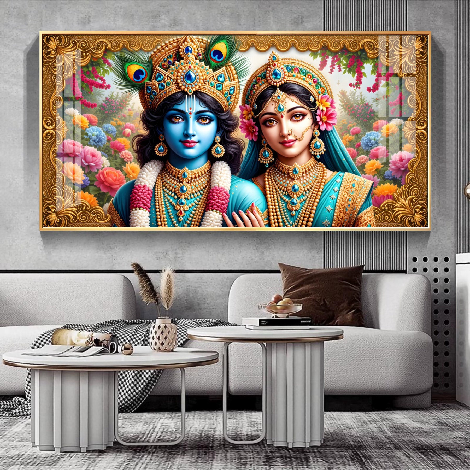 Radha Krishna In Floral Premium Acrylic Horizontal Wall Art