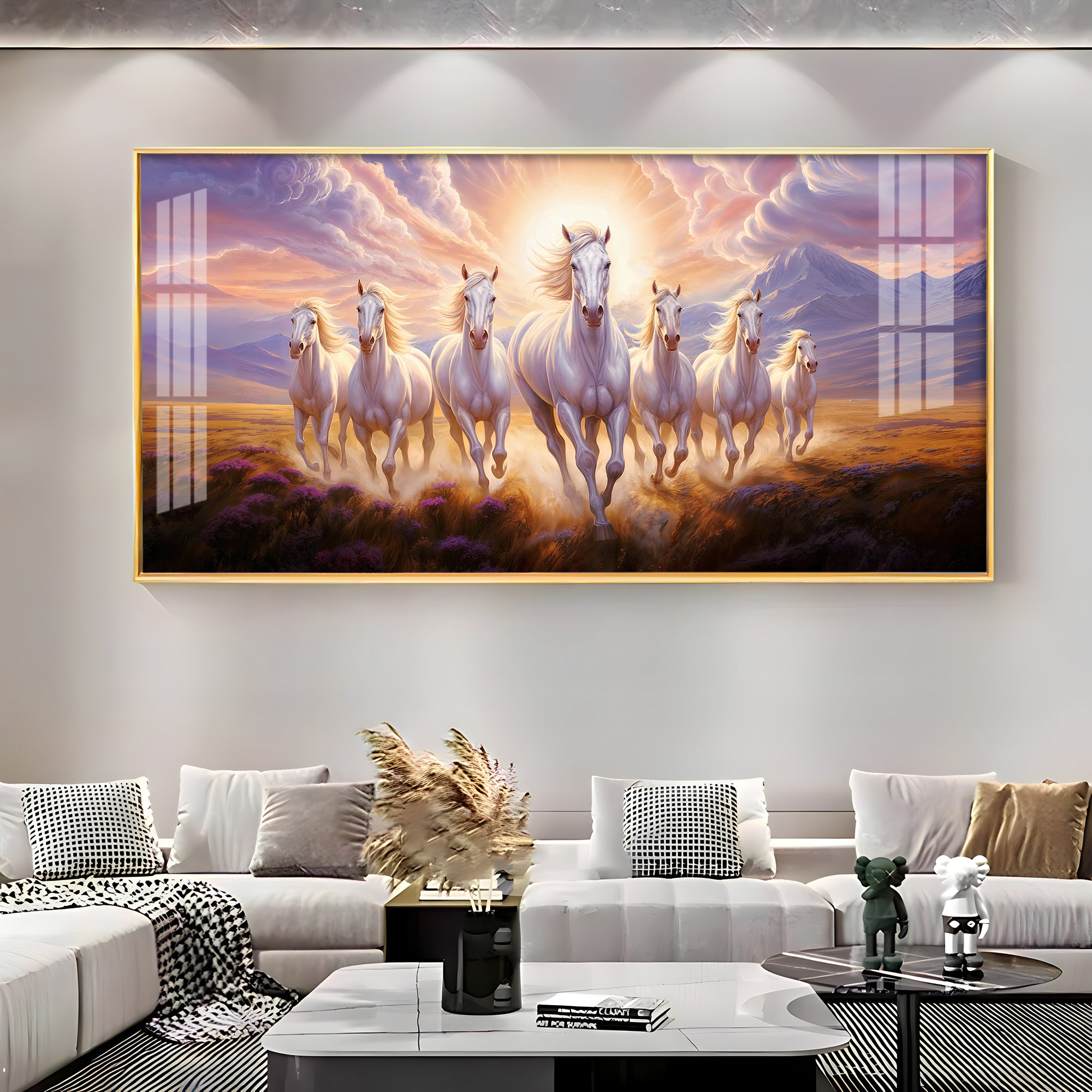 Seven White Running Horses Premium Acrylic Horizontal Wall Art