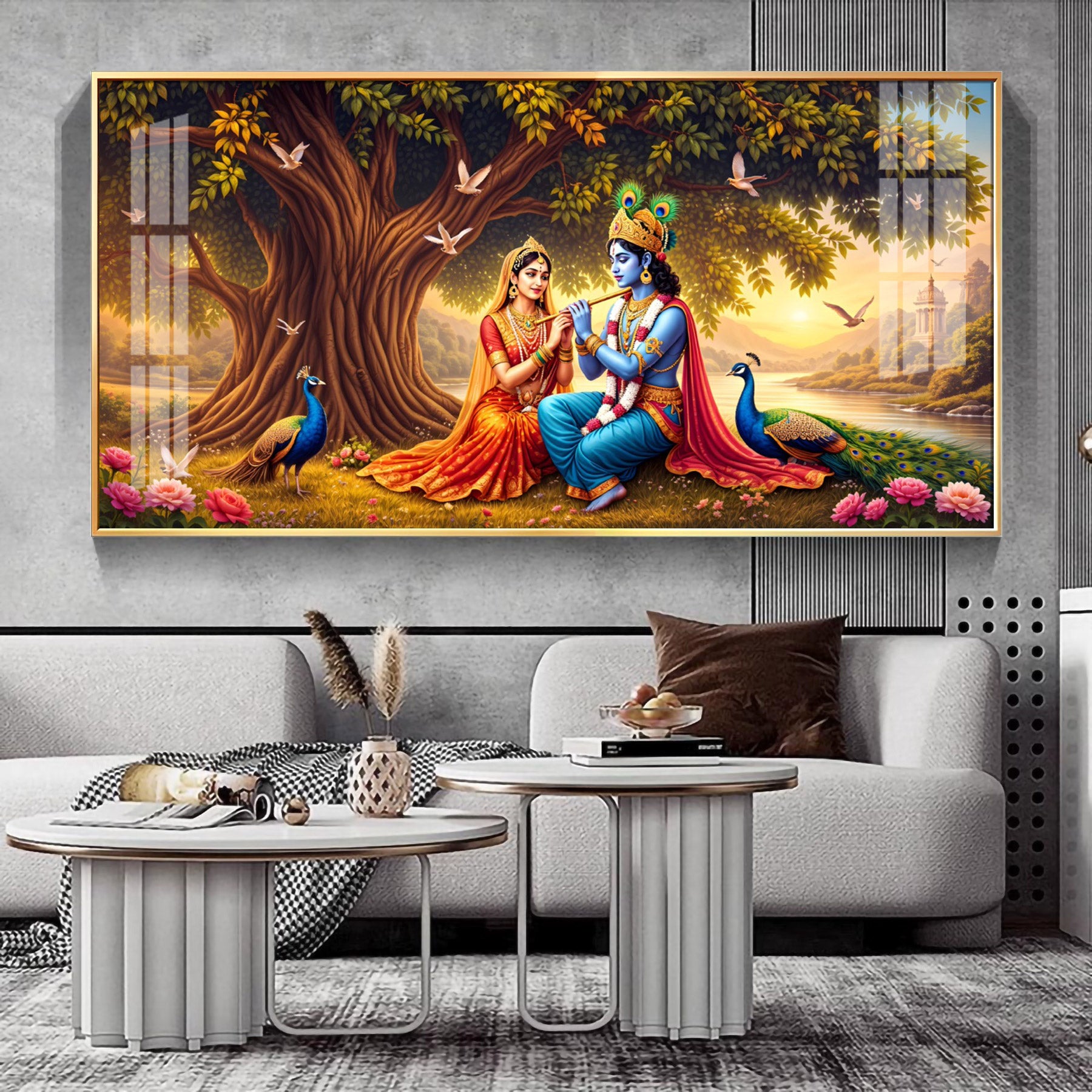 Radha Krishna In Sunset Forest Premium Acrylic Horizontal Wall Art