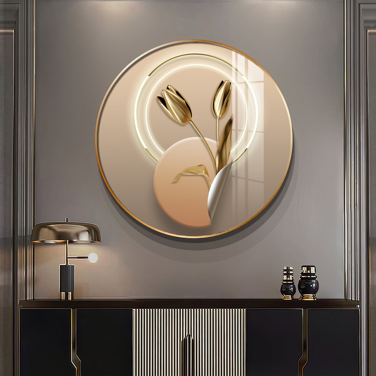 Golden Petal Premium Acrylic Round Wall Art