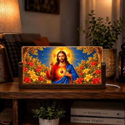 Sacred Jesus Acrylic LED Table Lamp - Wooden Stand