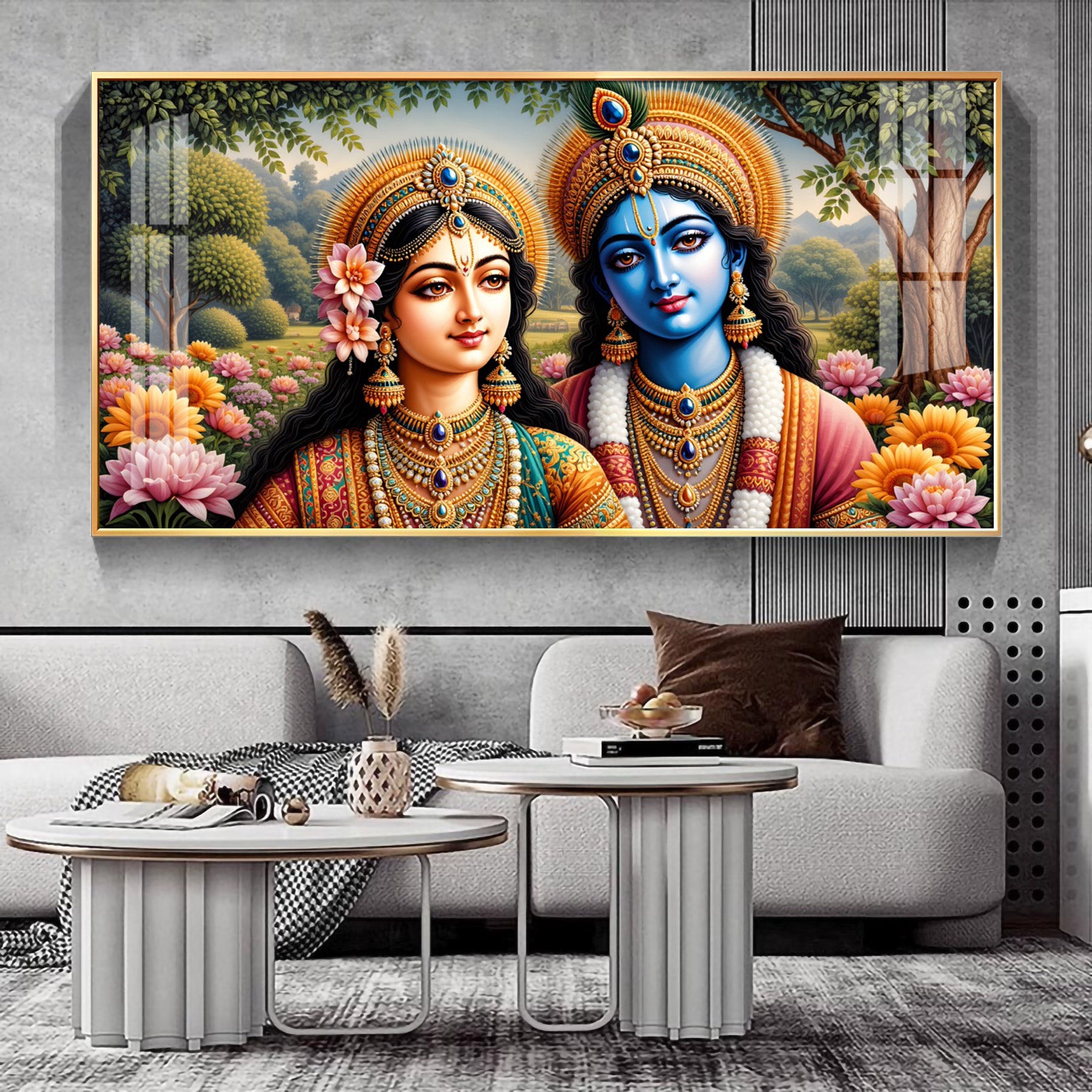Radha Krishna With Round Diadem Premium Acrylic Horizontal Wall Art