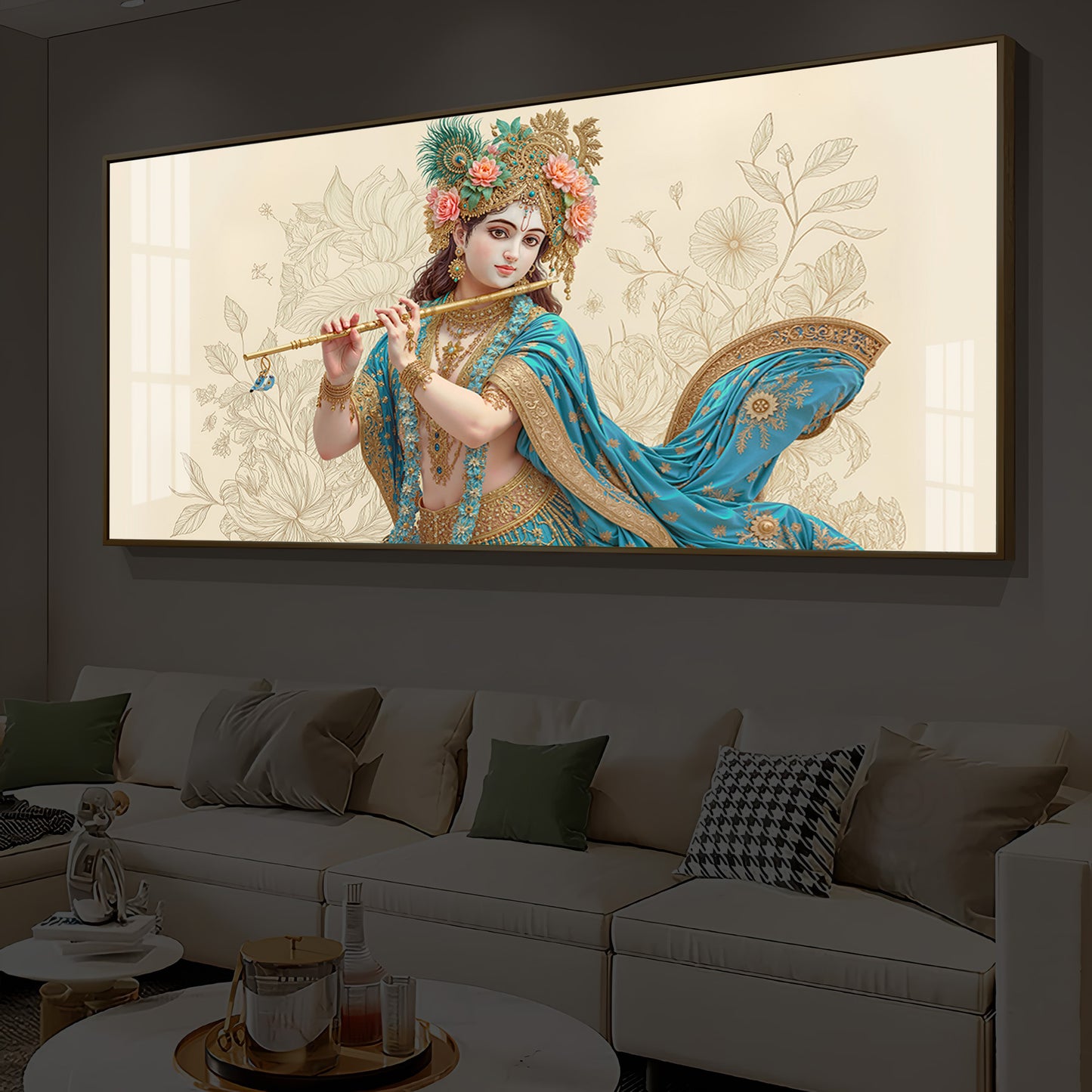 Beautiful Krishna Ji Modern Luxury Backlight Horizontal Wall Art