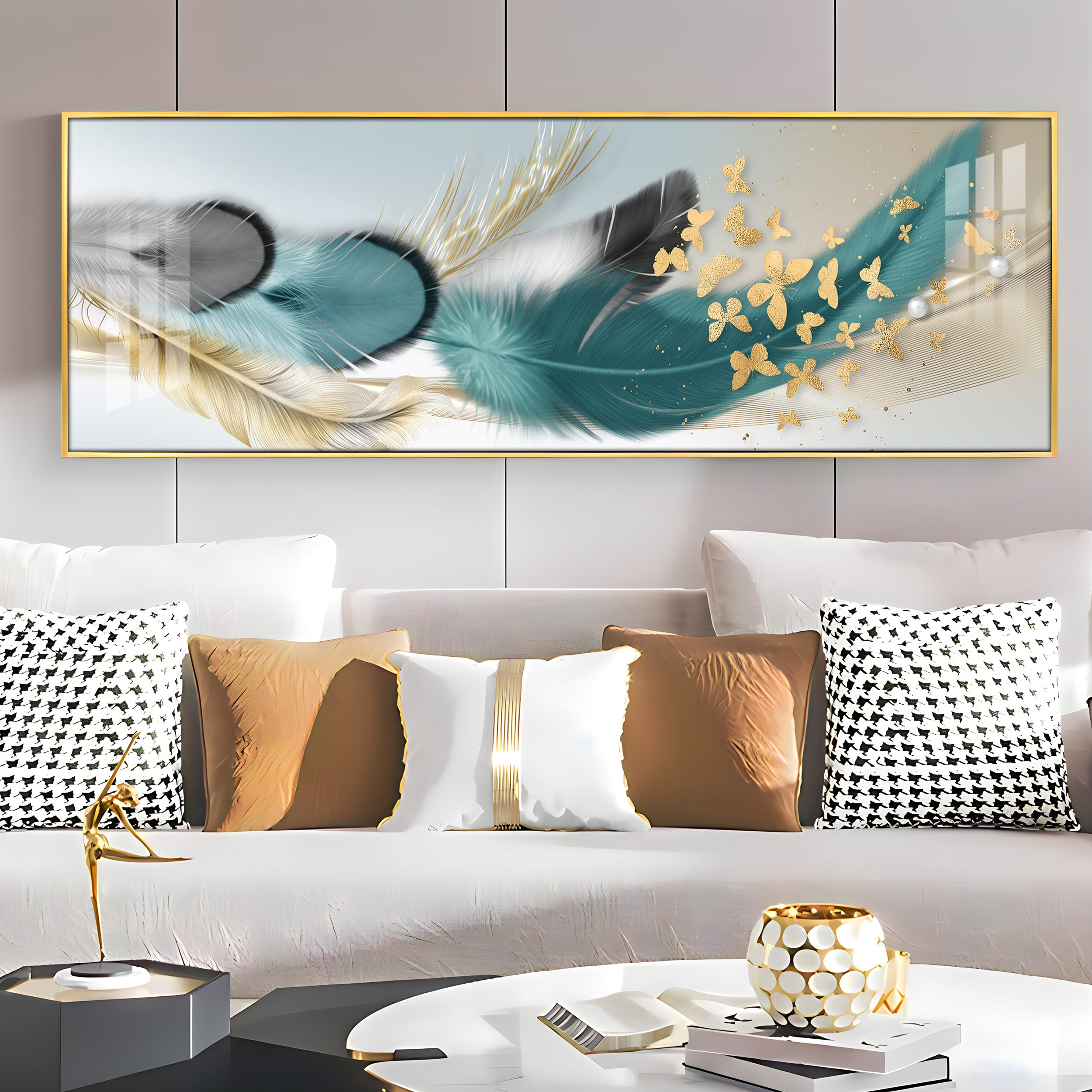 Feathers and Butterflies Luxury Crystal Horizontal Wall Art