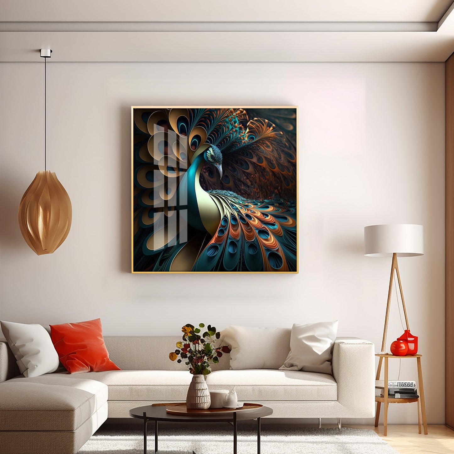 Peacock Is Shown With Large Feather Premium Acrylic Square Wall Art