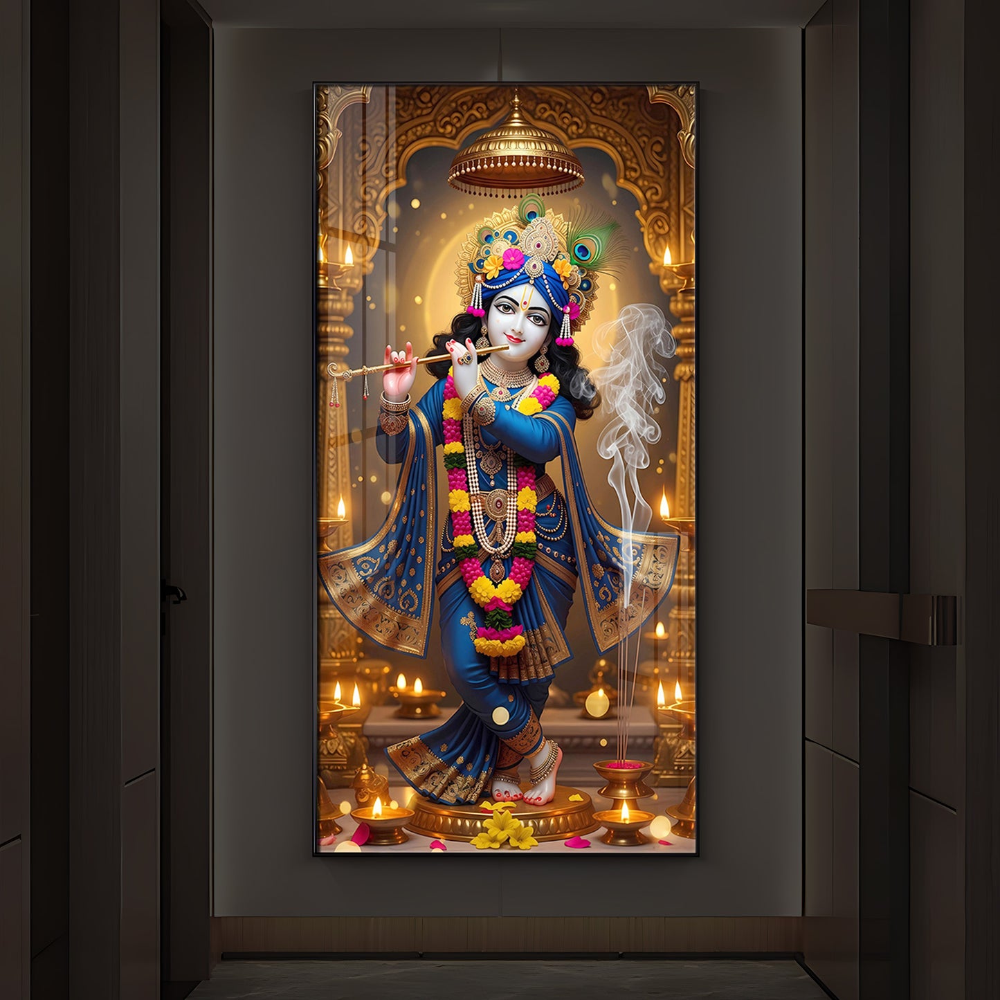 Lord Krishna Ji Modern Luxury Backlight Vertical Wall Art