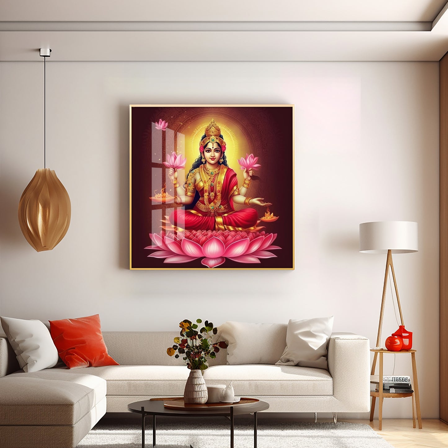 Laxmi Maa With Lotus Premium Acrylic Square Wall Art