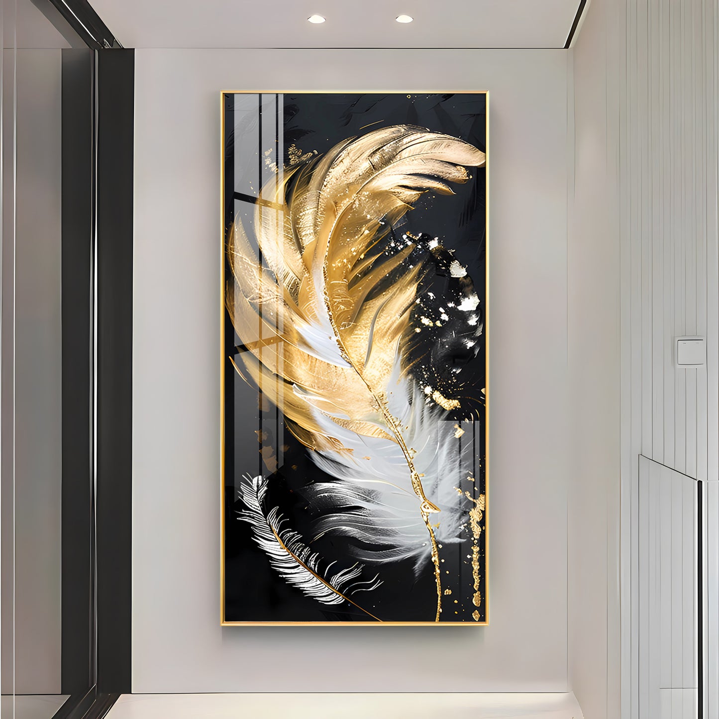 White & Golden Feather Luxury Crystal Vertical Wall Art