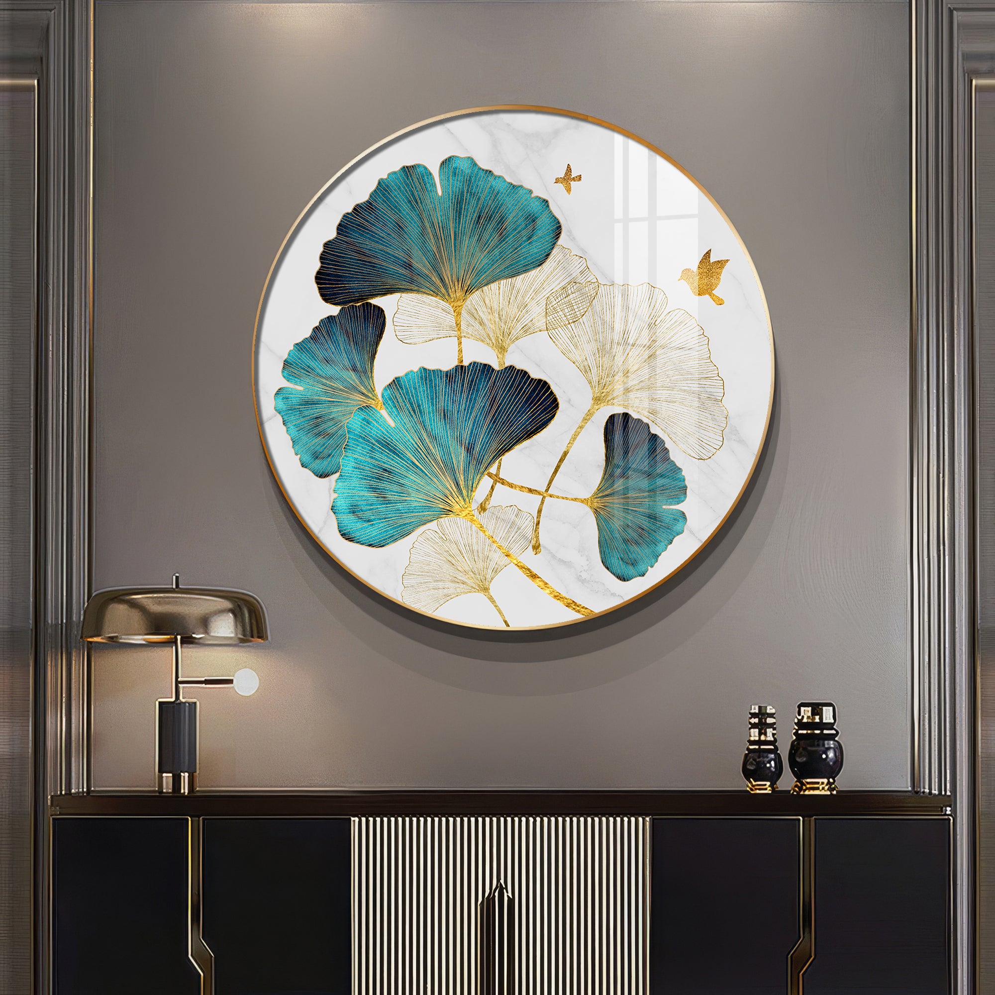 Blue Leaf Premium Acrylic Round Wall Art