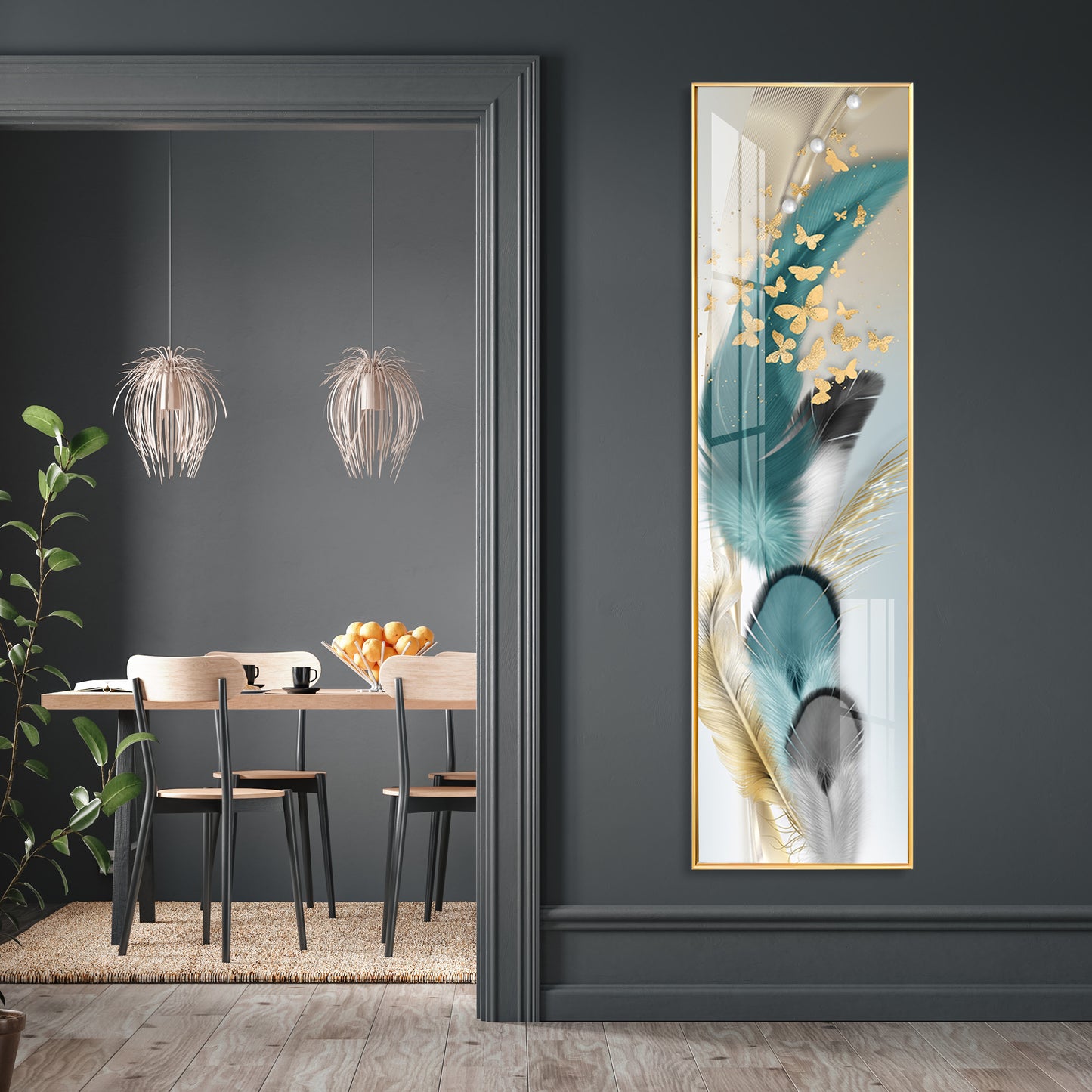 Colorful Feathers With Butterfly Premium Acrylic Vertical Wall Art