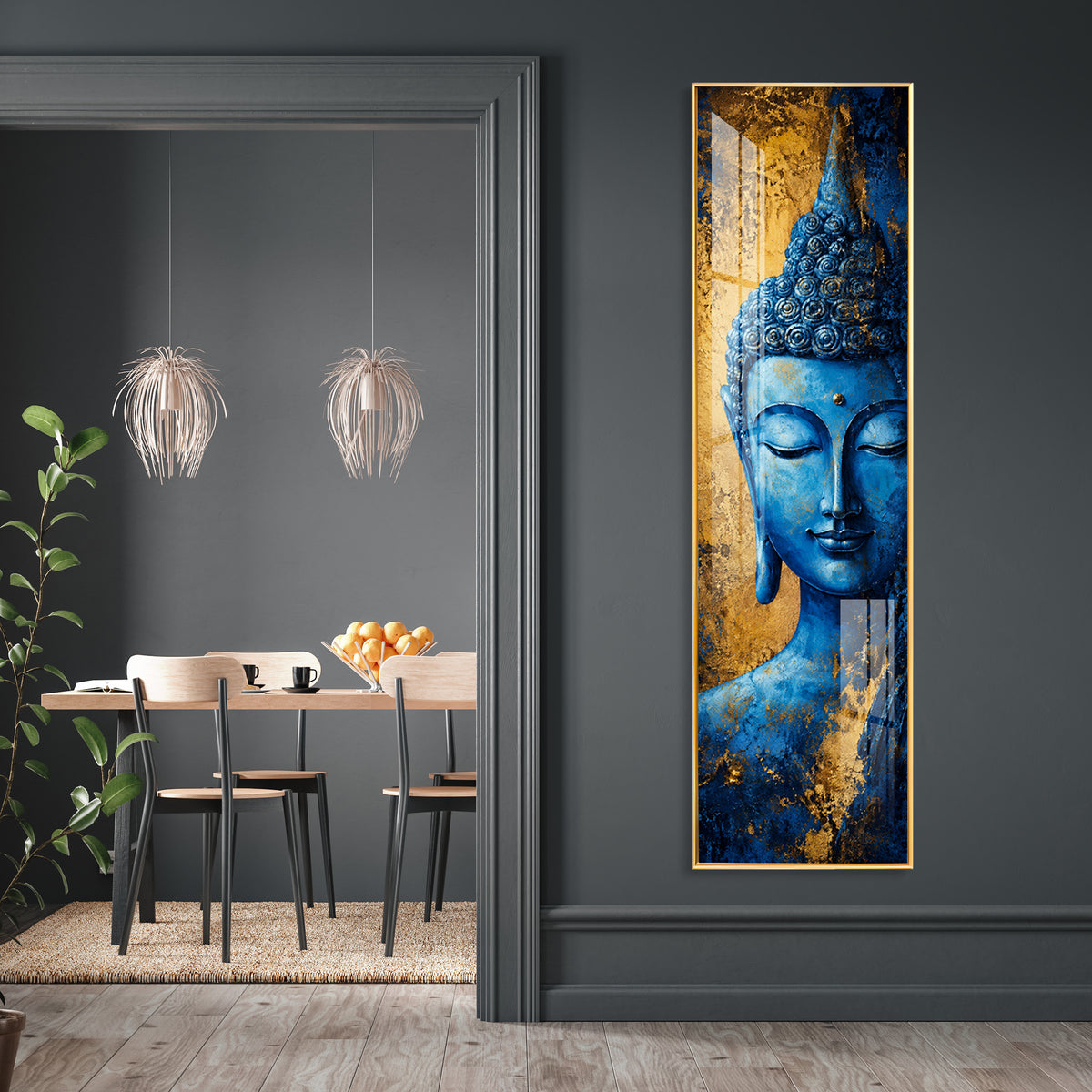 Blue and Gold Meditating Buddha Premium Acrylic Vertical Wall Art