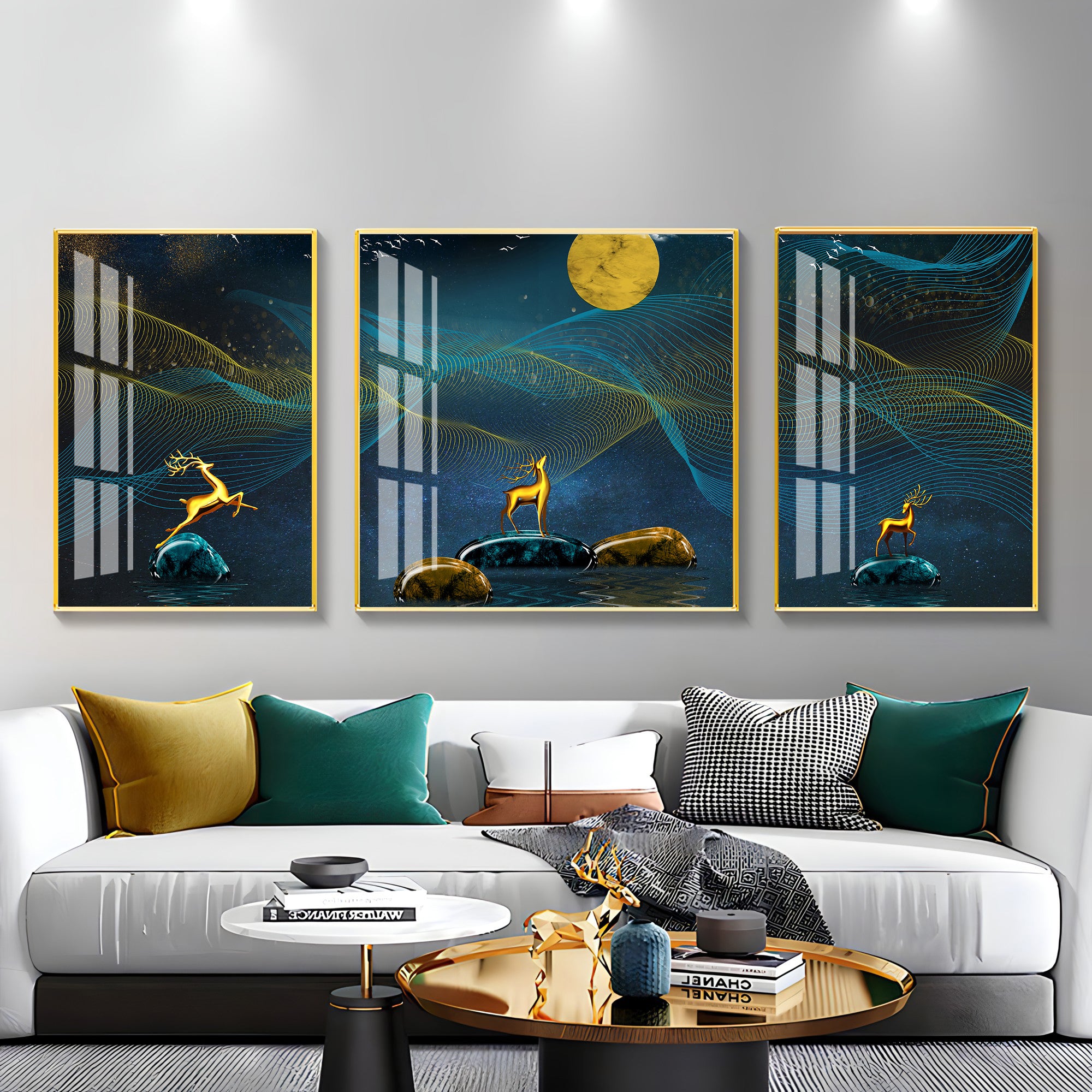 Deers Under Full Moon Night Premium Acrylic Wall Art (Set of 3)