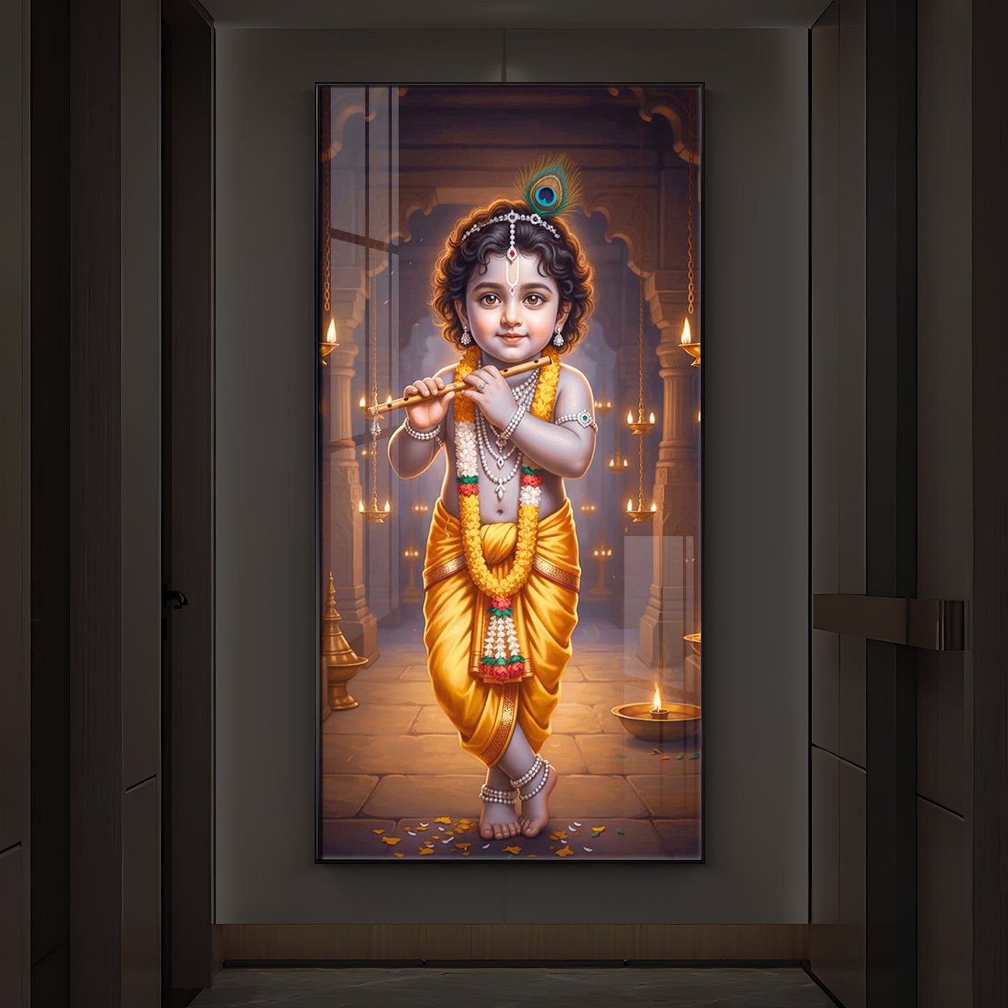 Little Lord Krishna Modern Luxury Backlight Vertical Wall Art
