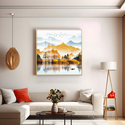 Sun Kissed Mountains Premium Acrylic Square Wall Art - 24X24 inches / Gold