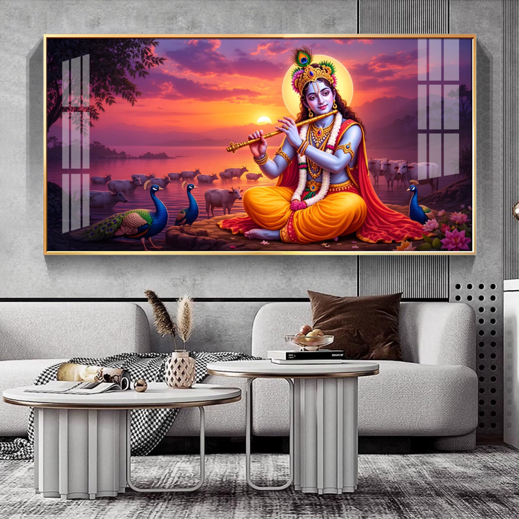 Lord Krishna Playing Flute In Sunset Premium Acrylic Horizontal Wall Art