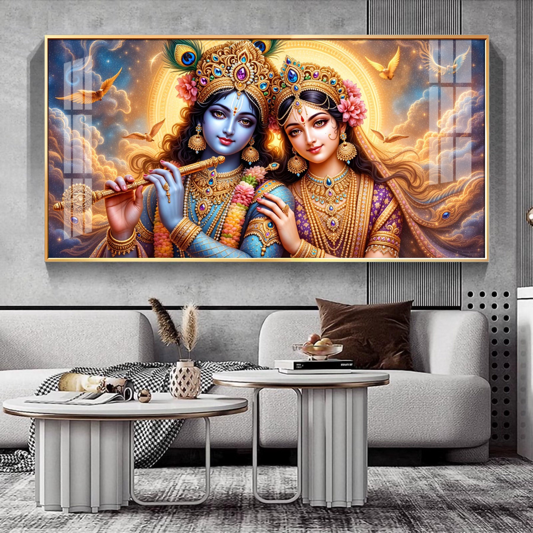 Shri Krishna And Radha In Sunburn Cloud Premium Acrylic Horizontal Wall Art