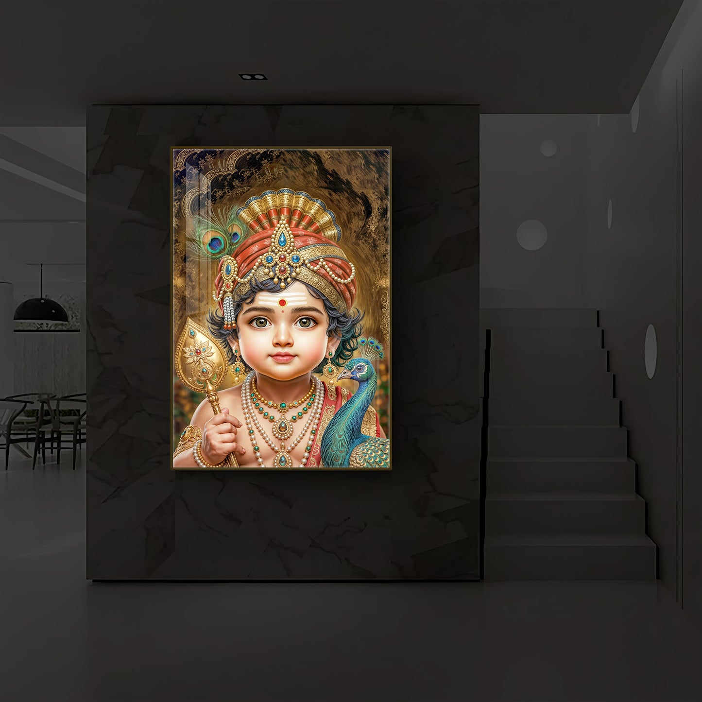 Little Murugan With Peacock Modern Luxury Backlight Vertical Wall Art
